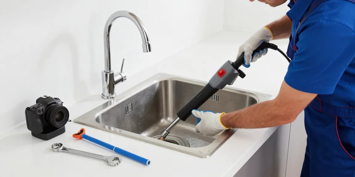 Professionele ontstoppingsdienst in actie met hogedrukreiniger in keuken.