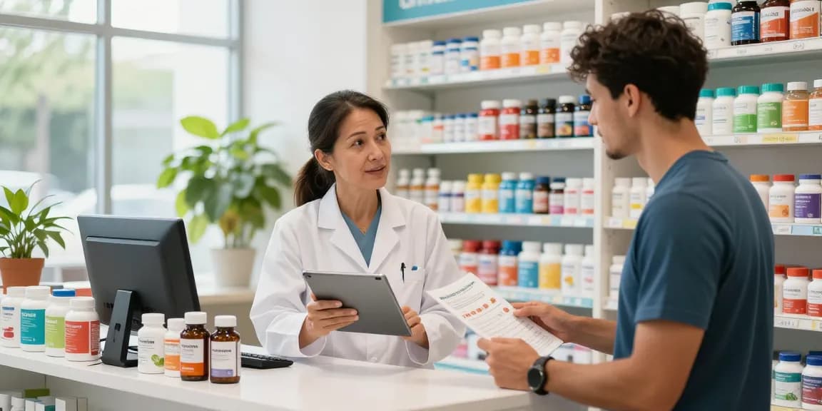Interactie in de Unique Pharma Shop met een apotheker die gezondheidsproducten aanbeveelt aan een klant.