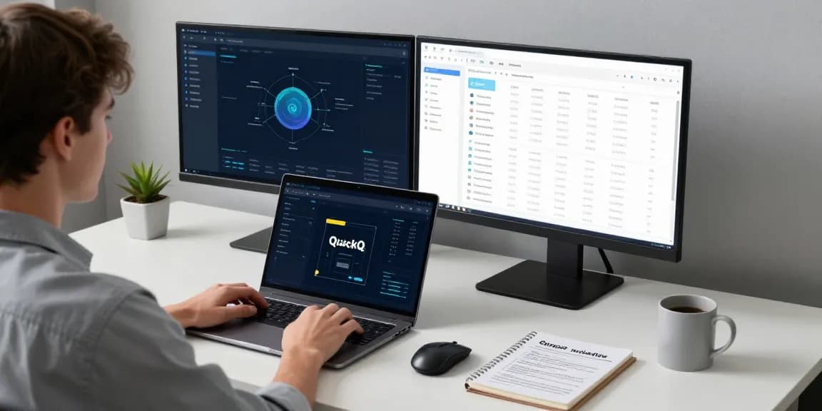 使用quickq电脑版的用户在现代办公室中专注工作，显示安全软件界面，营造专业氛围。