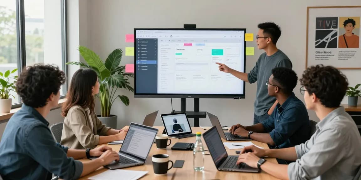 Team collaborating to build internal tools with AI in a modern workspace.