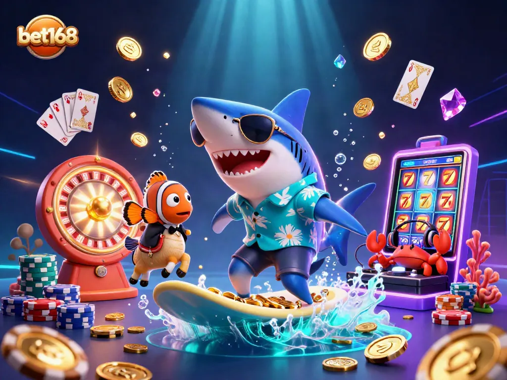 Bet168 showcases thrilling casino action with vibrant 3D characters amidst sparkling coins.
