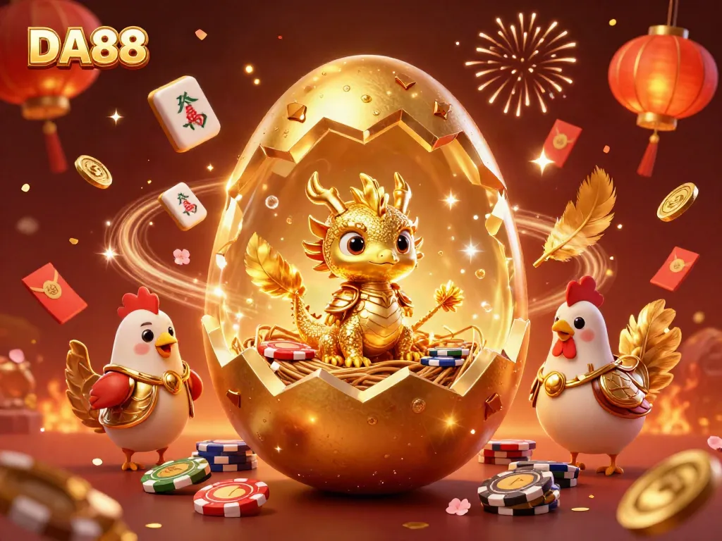 Experience DA88 excitement with golden dragon, poker chips, and festive elements in this vibrant casino scene.