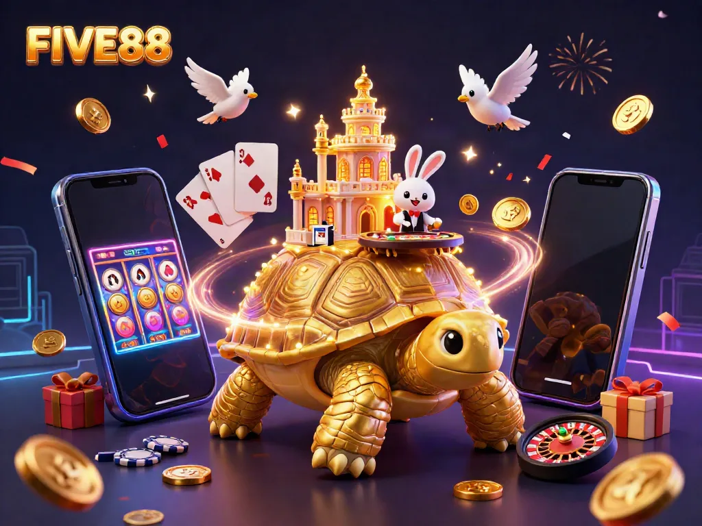 Engage in exciting gaming with FIVE88 in a vibrant 3D casino scene featuring a golden tortoise and rabbit dealer.