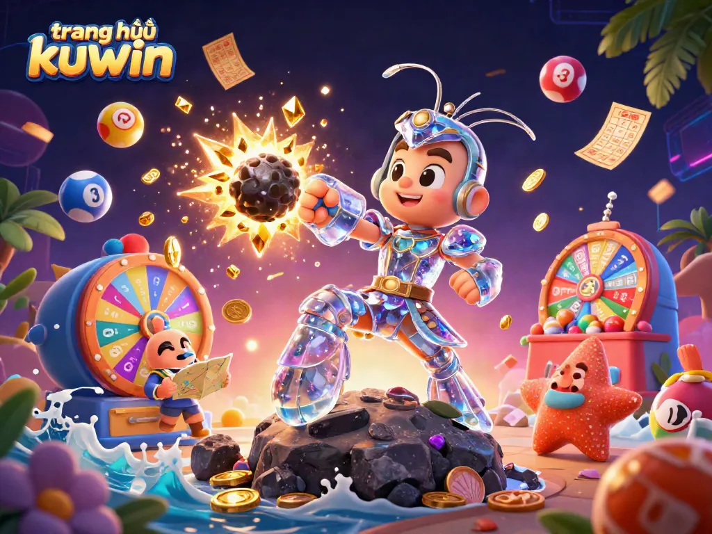 Experience thrilling gameplay at trang chủ kuwin with golden gems, lottery balls, and vibrant casino elements.
