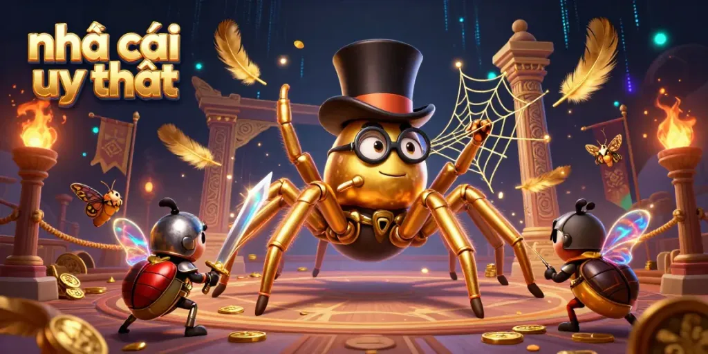 Experience the vibrant world of nhà cái uy tín with a golden tarantula and beetle knight amidst a dynamic casino scene.