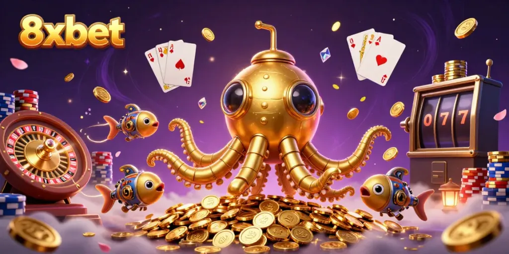 Experience thrilling wins at 8xbet with the intriguing golden kraken submarine amidst cascading coins.