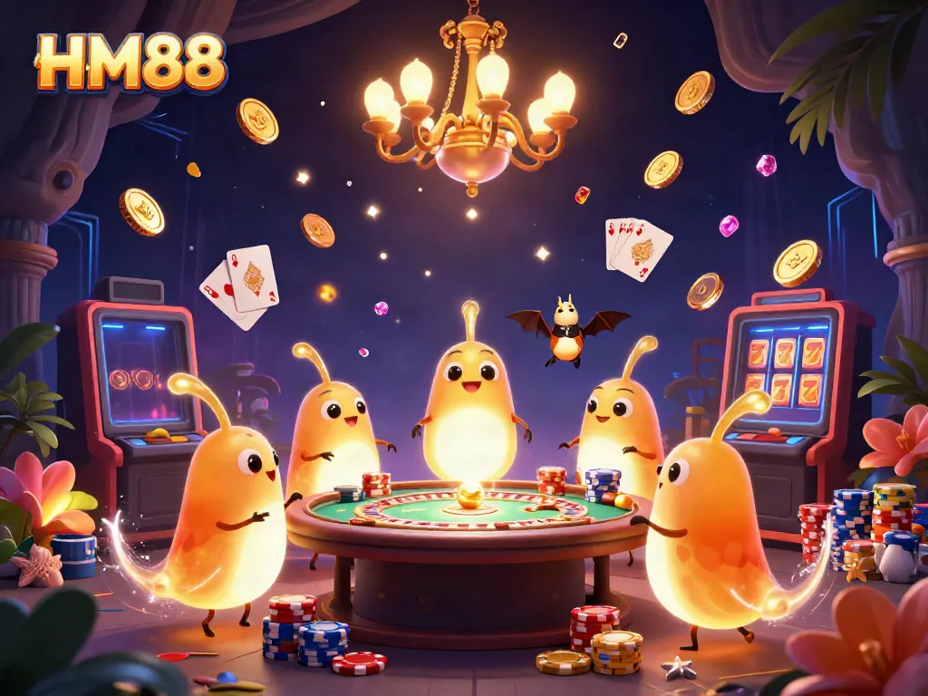 Experience the vibrant HM88 casino atmosphere with glowing glowworms and dynamic gaming action.