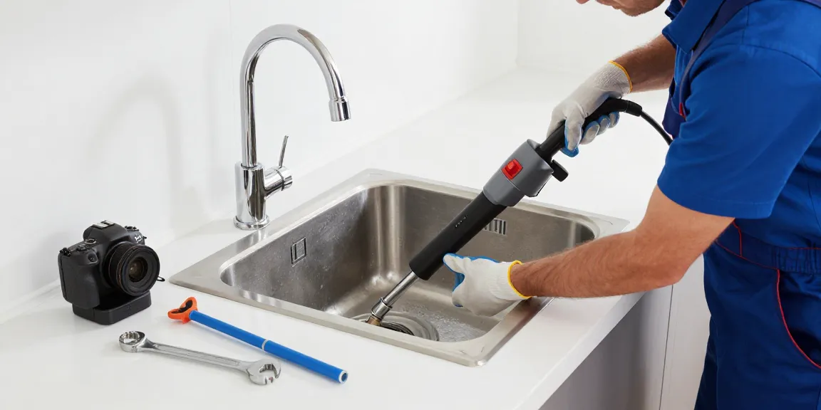 Professionele ontstoppingsdienst in actie met hogedrukreiniger in keuken.
