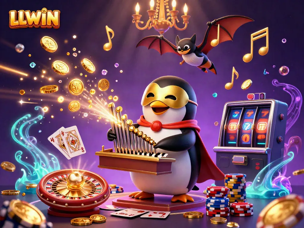 Experience thrilling gameplay at LLWIN with a penguin maestro orchestrating fortune in a vibrant casino scene.