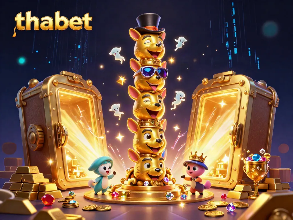Win big at thabet with a dazzling 3D casino scene filled with golden treasures and lively characters.