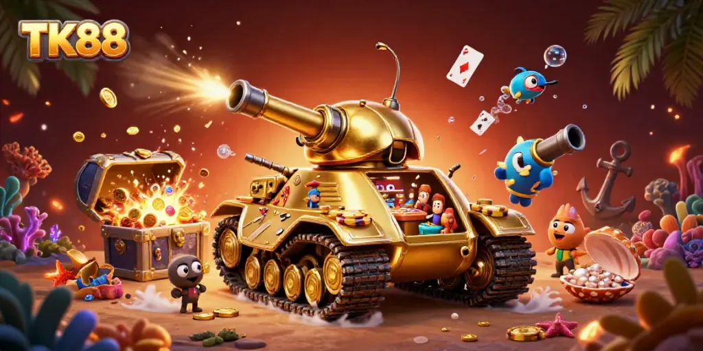Experience the thrilling world of TK88 with a vibrant 3D illustration showcasing a miniature casino inside a golden tank.