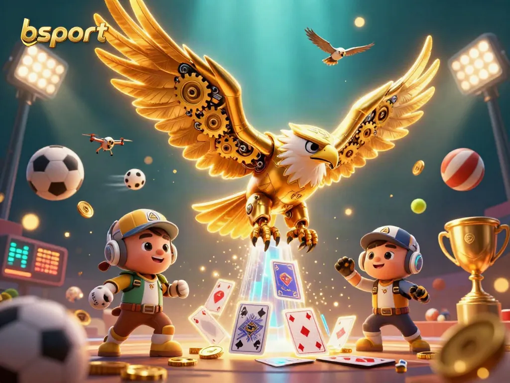 Experience the excitement of bsport with a 3D golden eagle flying through dynamic sports elements.