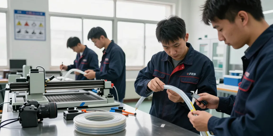 Technici werken nauwkeurig aan FEP-slangen in een goed verlichte industriële werkplaats, met focus op precisie en kwaliteit.