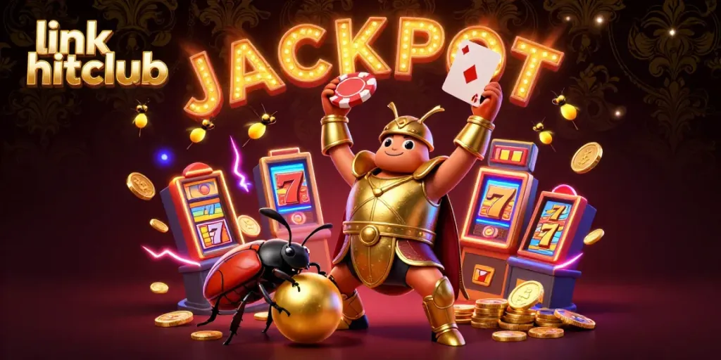 Celebrate wins at link hitclub with an epic scene featuring a victorious beetle and dynamic casino elements.