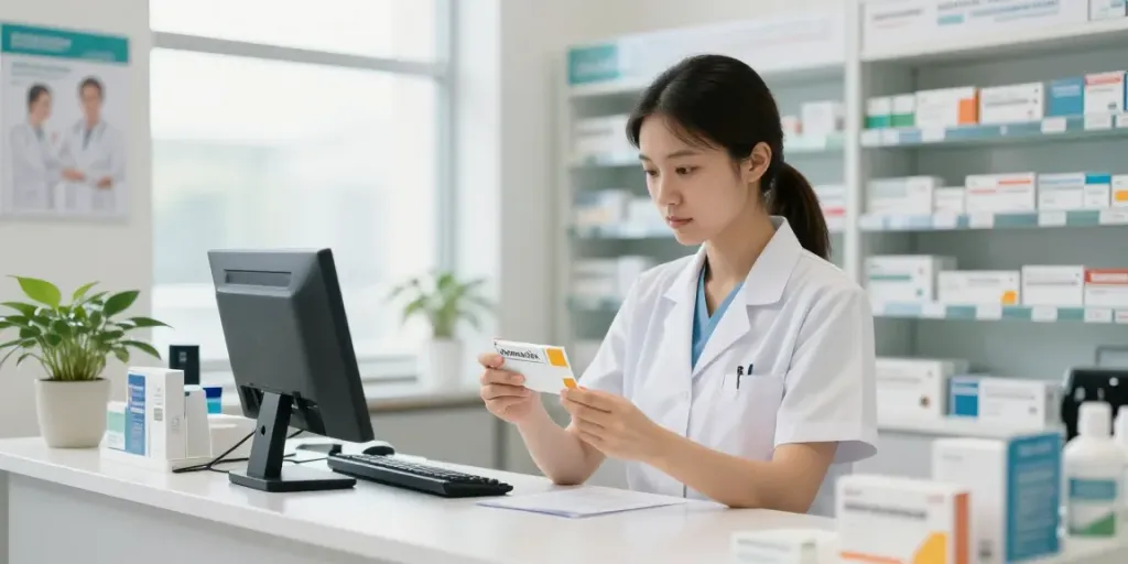 Professionele apotheker onderzoekt recept voor Amoxicilline kopen in een heldere apotheek.