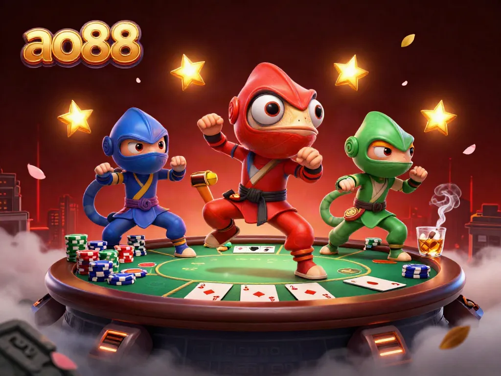 Experience the excitement of ao88 as ninja chameleons engage in thrilling poker action with vibrant casino elements.