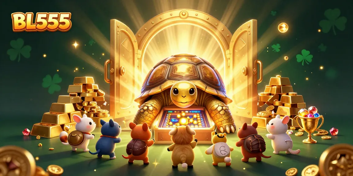 Experience the excitement of BL555 with a vibrant casino scene featuring games and treasures.