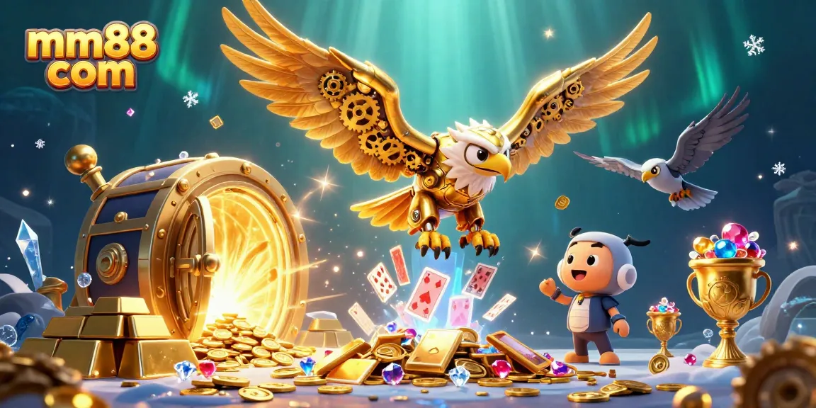Engage with the mm88 com experience through a dynamic 3D illustration of cybernetic eagle and holographic cards.