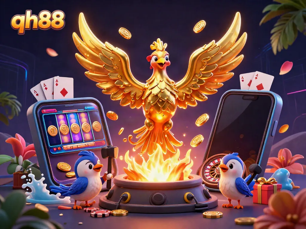Experience the thrilling world of qh88 with a vibrant 3D illustration of a golden phoenix and casino games.