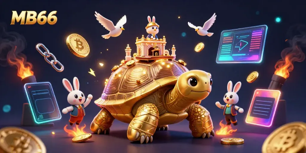Experience luck at MB66 with a dynamic golden tortoise casino scene, vibrant characters, and glowing coins.