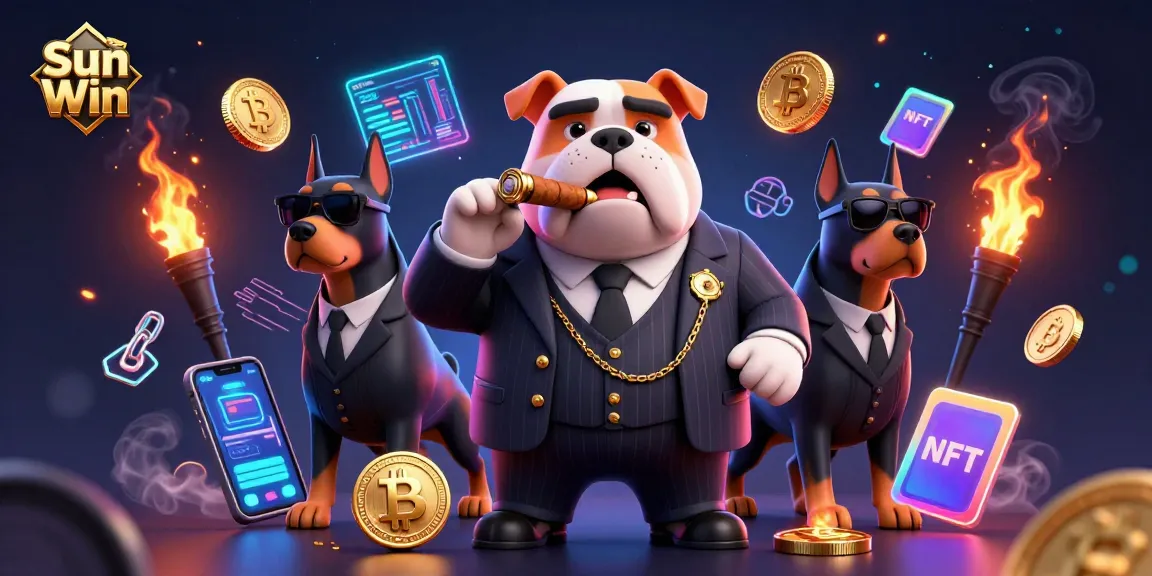 Join the excitement at Sun Win, showcasing a vibrant 3D casino experience with a mafia boss and bodyguards surrounded by crypto elements.