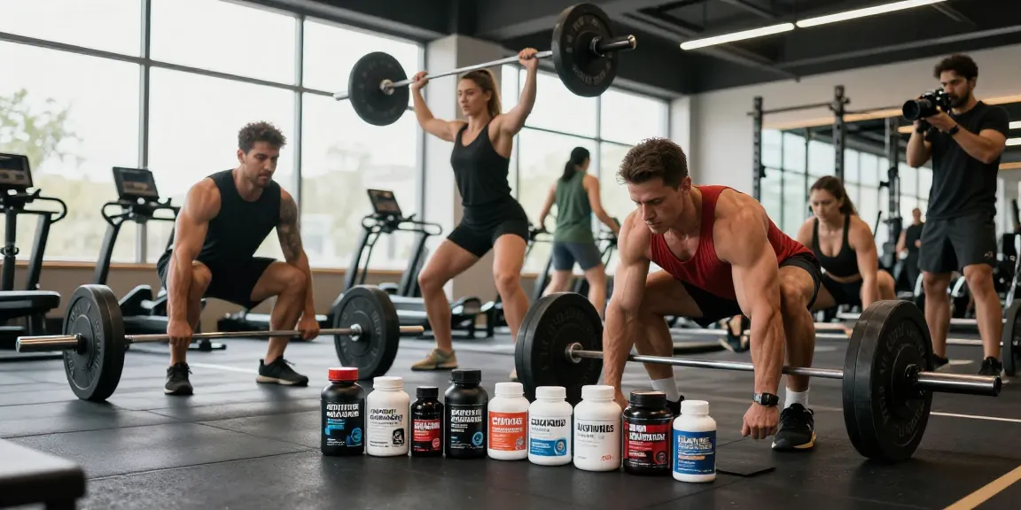 Prime Pharma Steroïden Winkel met bodybuilders die trainen met hoogwaardige steroïden en supplementen in een moderne sportschool.