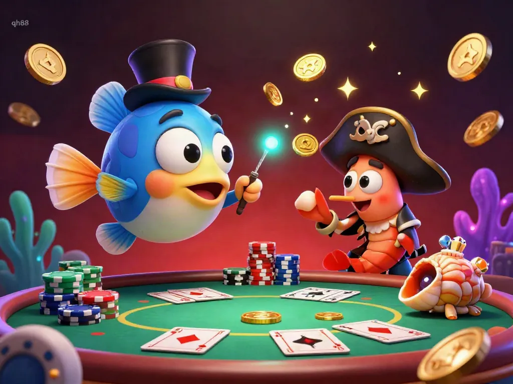 Engage with qh88 through a cartoon scene featuring gaming excitement with a glowing anglerfish and vibrant poker elements.