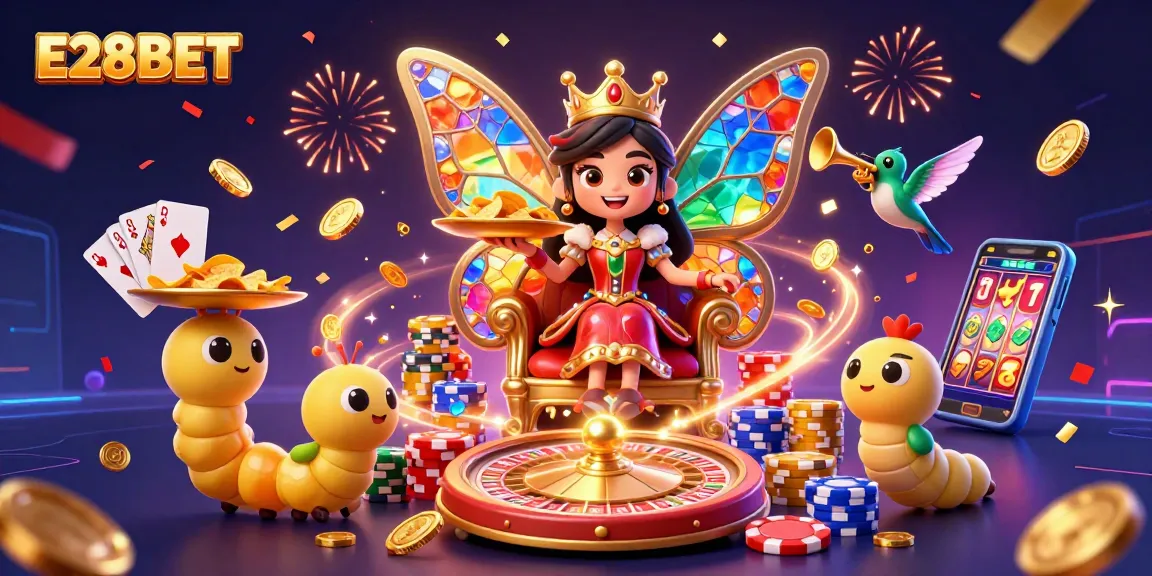 E28BET offers an exciting casino experience with vibrant characters celebrating amidst golden coins and roulette wheels.