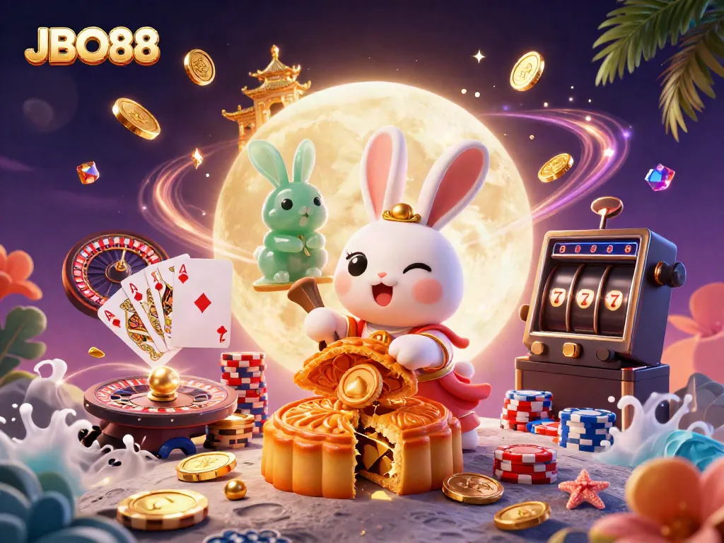 Experience thrilling gaming with JBO88, featuring a vibrant lunar scene where a moon rabbit reveals poker chips.