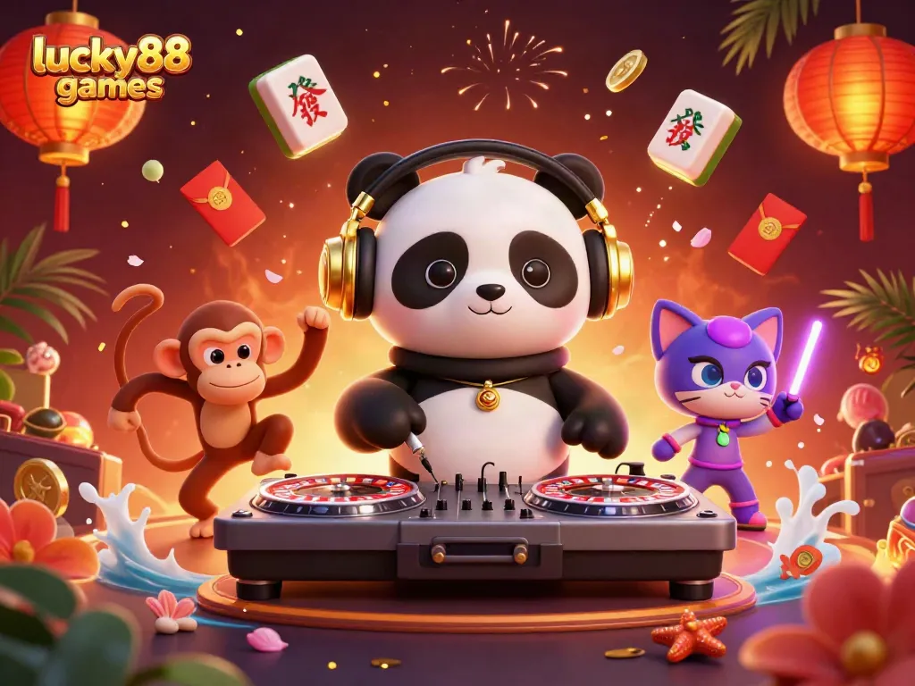 Engage with lucky88games in a vibrant 3D casino party scene filled with excitement and colorful details.