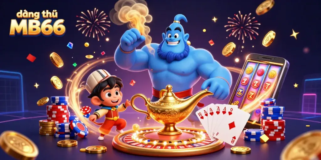 Engage and win with đăng ký MB66 in a vibrant casino scene featuring a genie and poker chips.