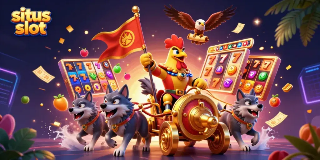 Experience the excitement of situs slot with a dynamic 3D illustration featuring colorful slot elements and characters.