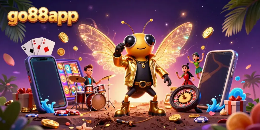 Experience the vibrant world of go88app with a rock star cicada and engaging casino elements.