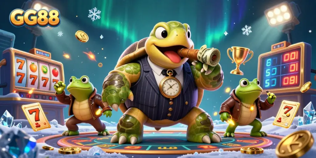 Experience GG88's thrilling online slots with a massive turtle mobster and dynamic gaming elements.