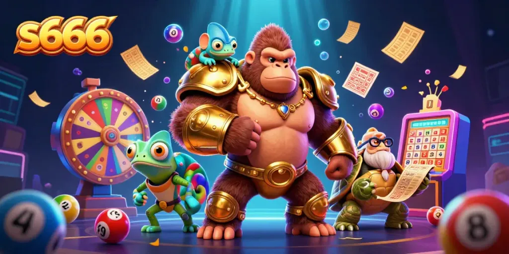 S666 gamers enjoy a vibrant casino atmosphere with colorful lottery elements and 3D characters.