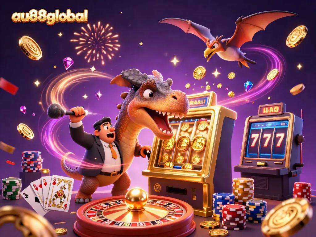 Engaging scene showcasing au88global with vibrant characters and casino elements, highlighting a playful jackpot moment.
