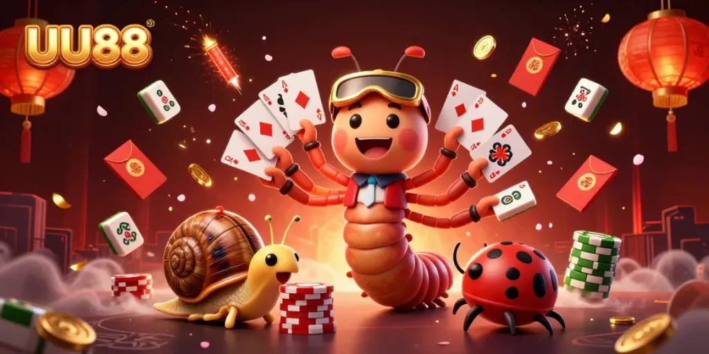 UU88 features a whimsical dealer and high-roller in a vibrant casino scene showcasing betting excitement.