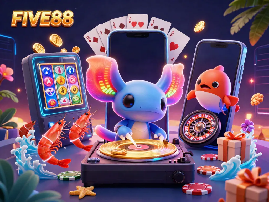 Engage with FIVE88's vibrant casino atmosphere featuring a neon axolotl DJ, spinning games, and dancing creatures.