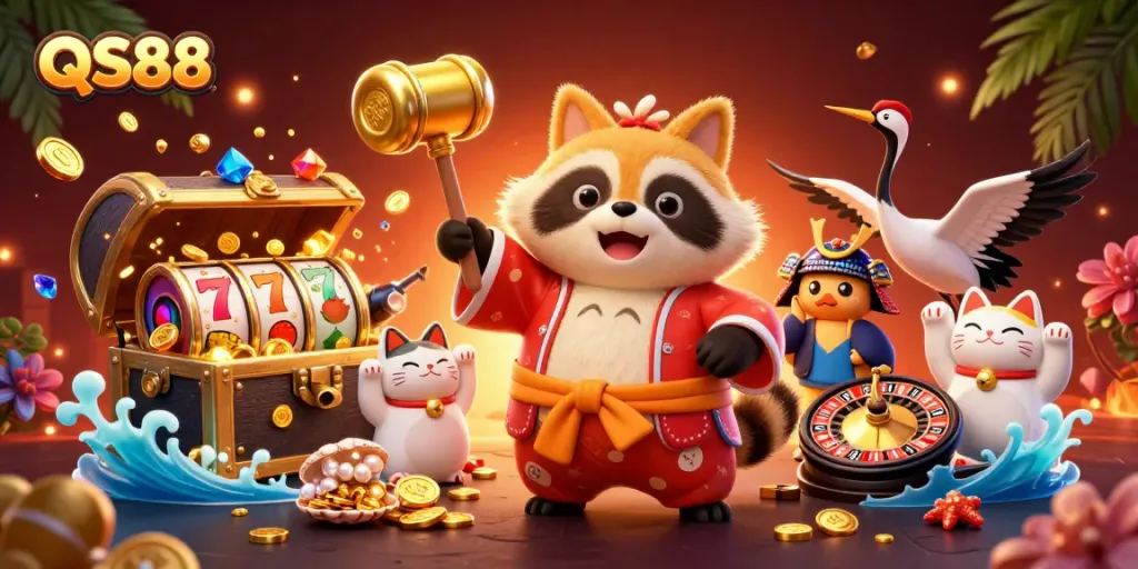 Experience the thrill of QS88 with vibrant characters celebrating luck and fortune in a casino paradise.