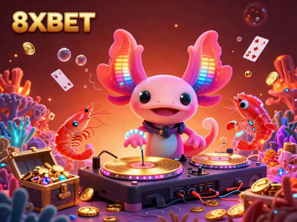 Join the lively 8XBET underwater party with neon axolotl DJ spinning records amidst treasure and vibrant sea creatures.