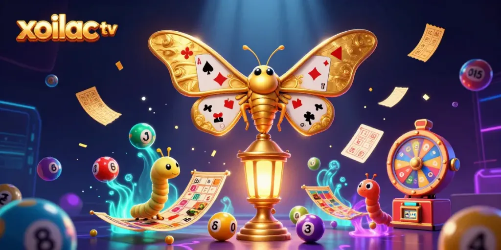 Xoilac TV showcases an enchanting scene of a moth and silk worms amid vibrant casino elements.