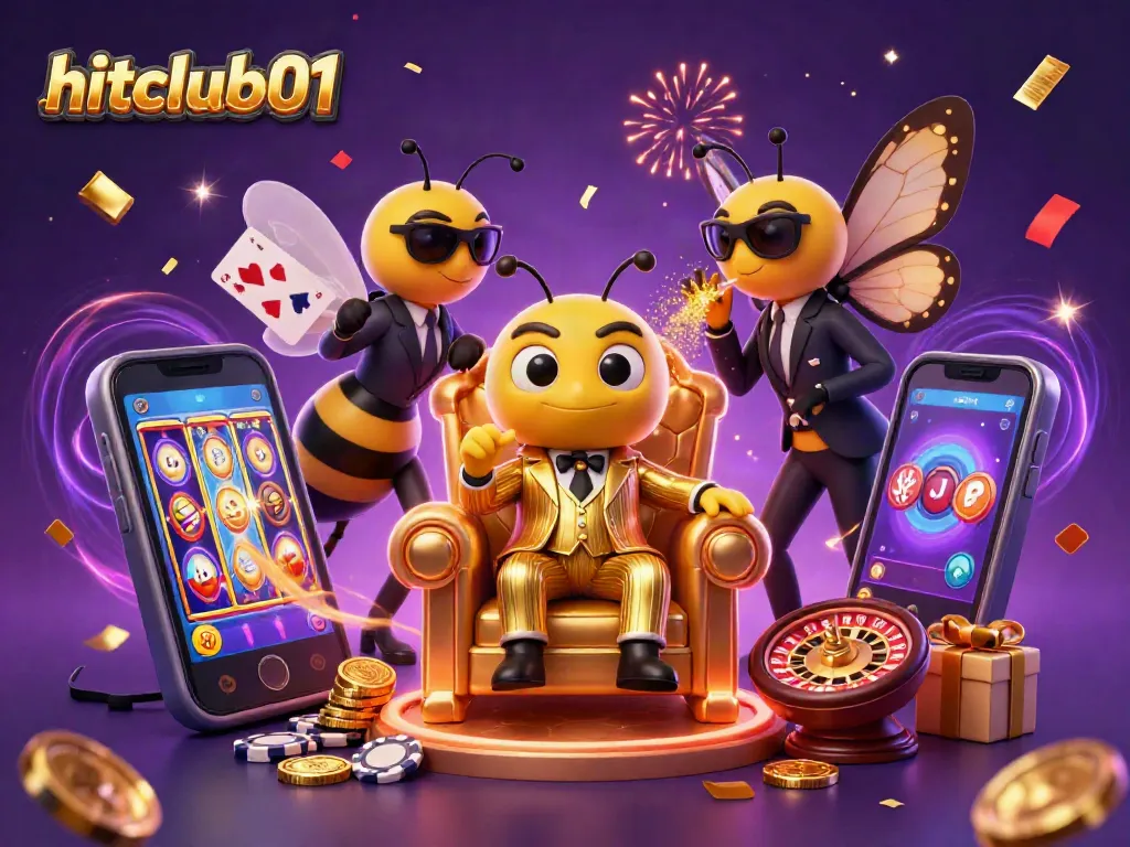 Experience hitclub01's vibrant casino atmosphere with golden coins and slot games illuminating a lively scene.