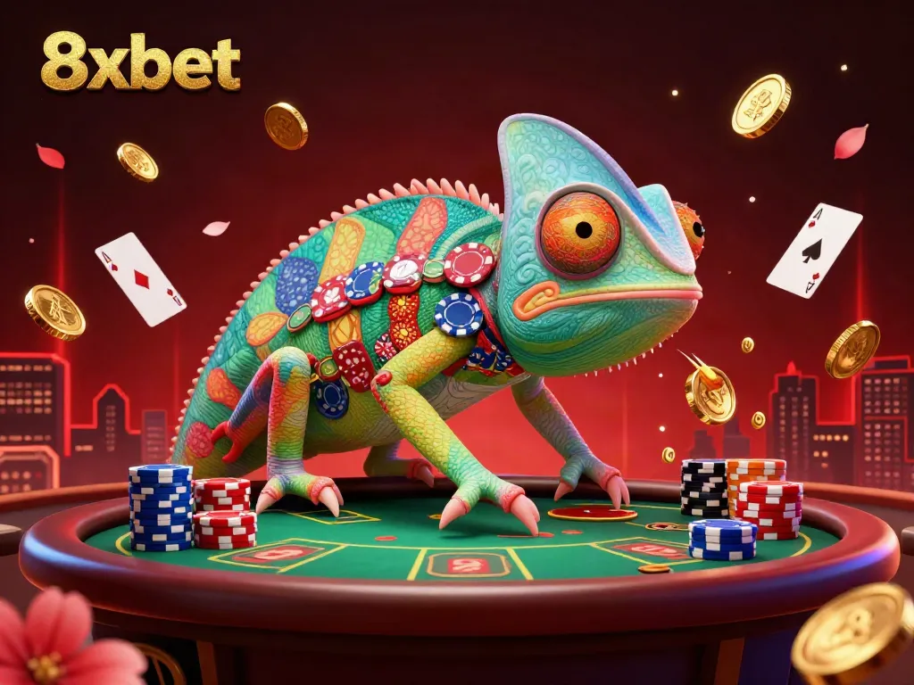 Experience the action with 8xbet's vibrant casino scene featuring a chameleon owner, poker elements, and festive decorations.