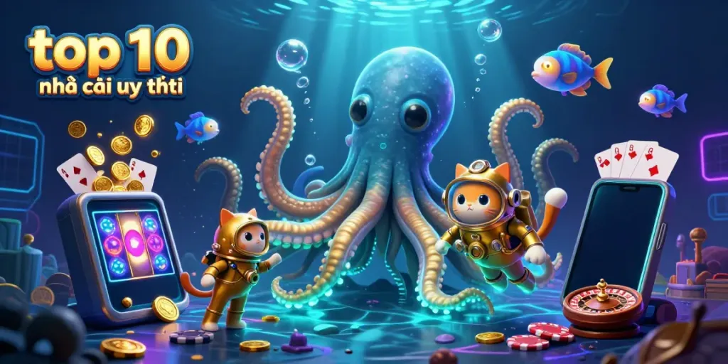 Engage with top 10 nhà cái uy tín in a vibrant 3D gambling scene featuring a kraken and diving cat.