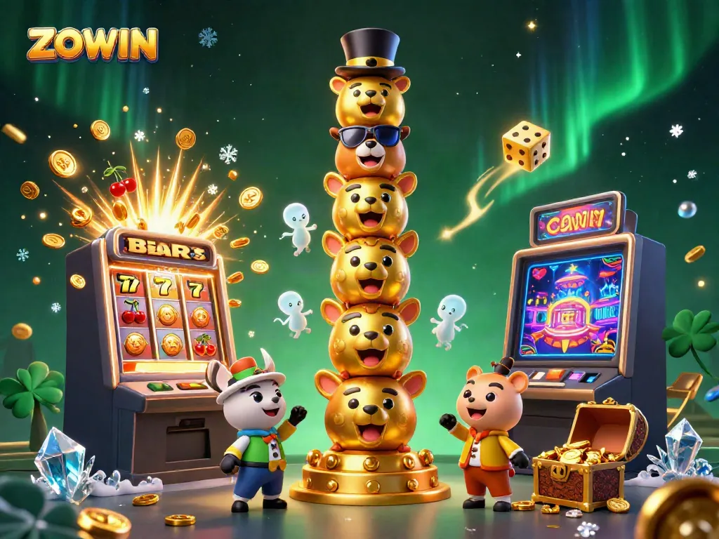 ZOWIN showcases an animated casino scene with totem poles, slot machines, and rich gold treasure.