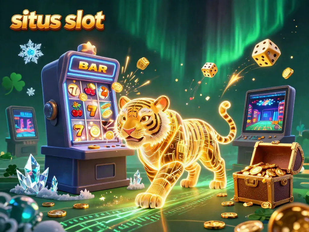 Experience excitement at situs slot with vibrant illustrations of slot machines and a golden tiger in a digital casino.