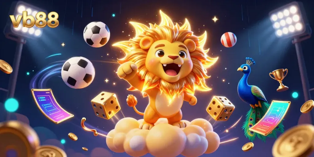 Experience thrilling action with vb88 in a stunning 3D casino universe featuring a roaring sun lion and sports elements.
