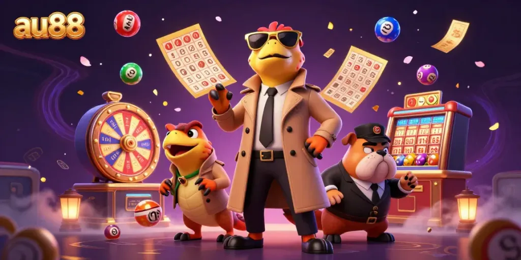 Engage in exciting gaming at au88 with colorful lottery elements and animated characters.