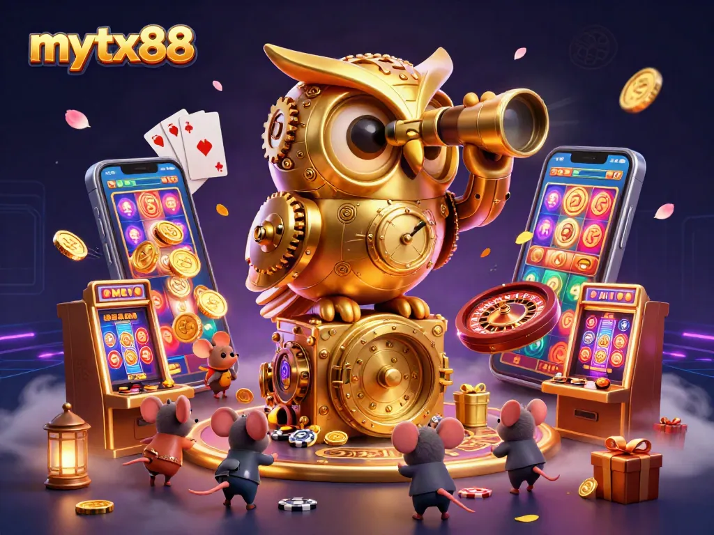 Join the excitement at mytx88 with a massive golden owl overseeing vibrant gaming action and dynamic slots.