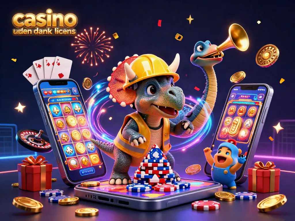 Engaging 3D casino scene with a triceratops celebrating at casino uden dansk licens with poker chips and games